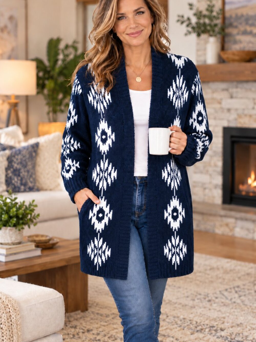 LOVESTITCH Sweater Cardigan Open Front w/Poskets IKAT Design Navy/White NWOT M